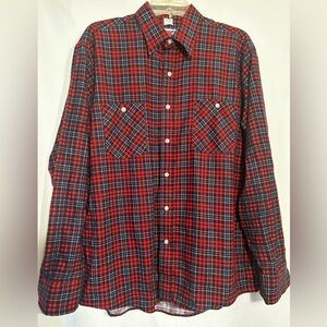 MENS LARGE RED BLUE PLAID LONG SLEEVE BUTTON FRONT FLANNEL SHIRT